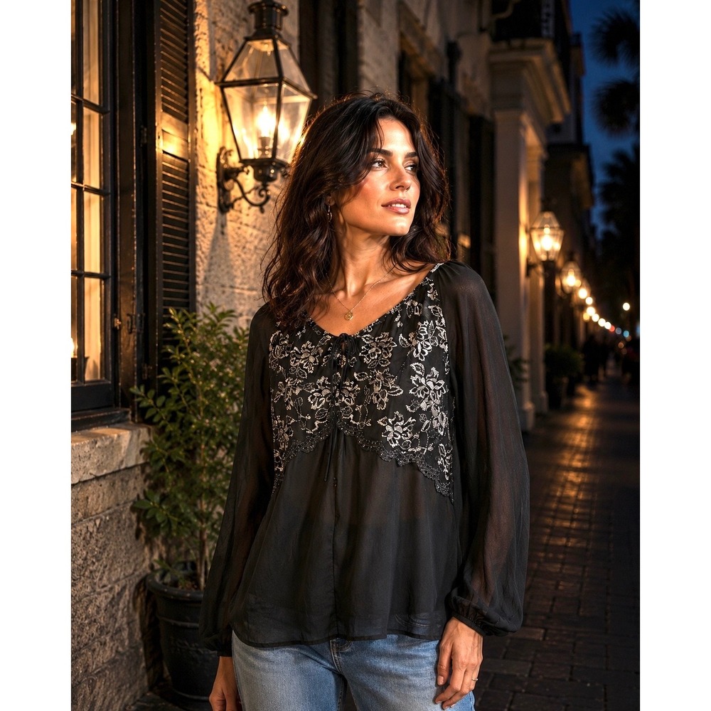 Vintage The Limited Silk Top L Black Y2K Metallic Embroidered Sheer Whimsigoth